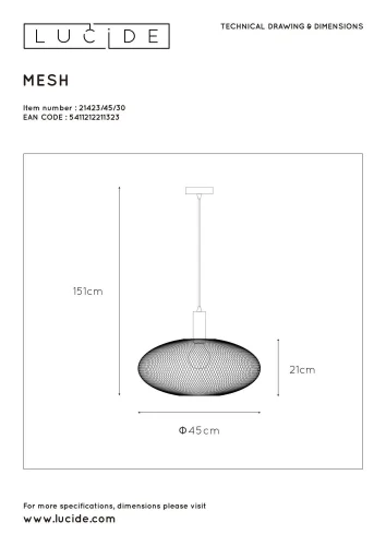 Светильник подвесной Mesh 21423/45/30 Lucide чёрный 1 лампа, основание чёрное в стиле современный  фото 5